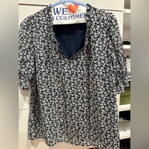 J. Crew Navy and White Puff Sleeve Blouse